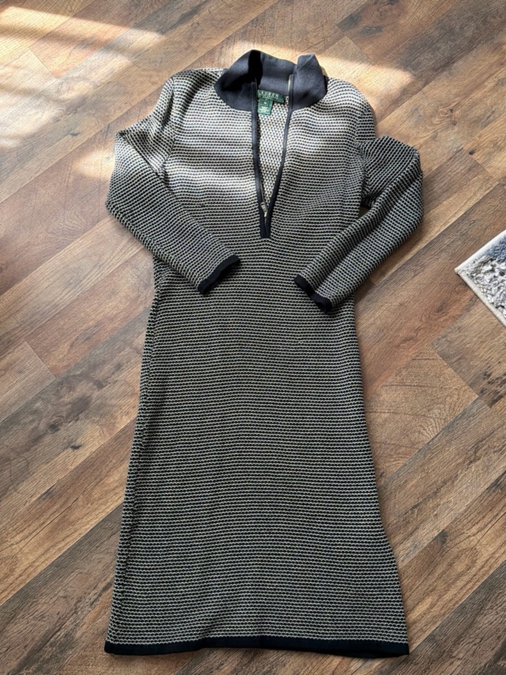 Ralph Lauren Black and Cream Long-Sleeve Knit Midi Dress